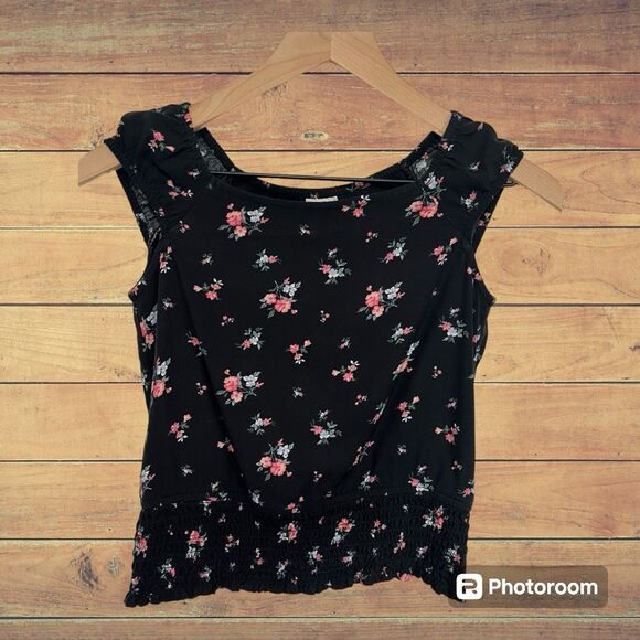 Abercrombie Kids Girls Top Black With Flowers SZ 11/12 EUC - Picture 1 of 3